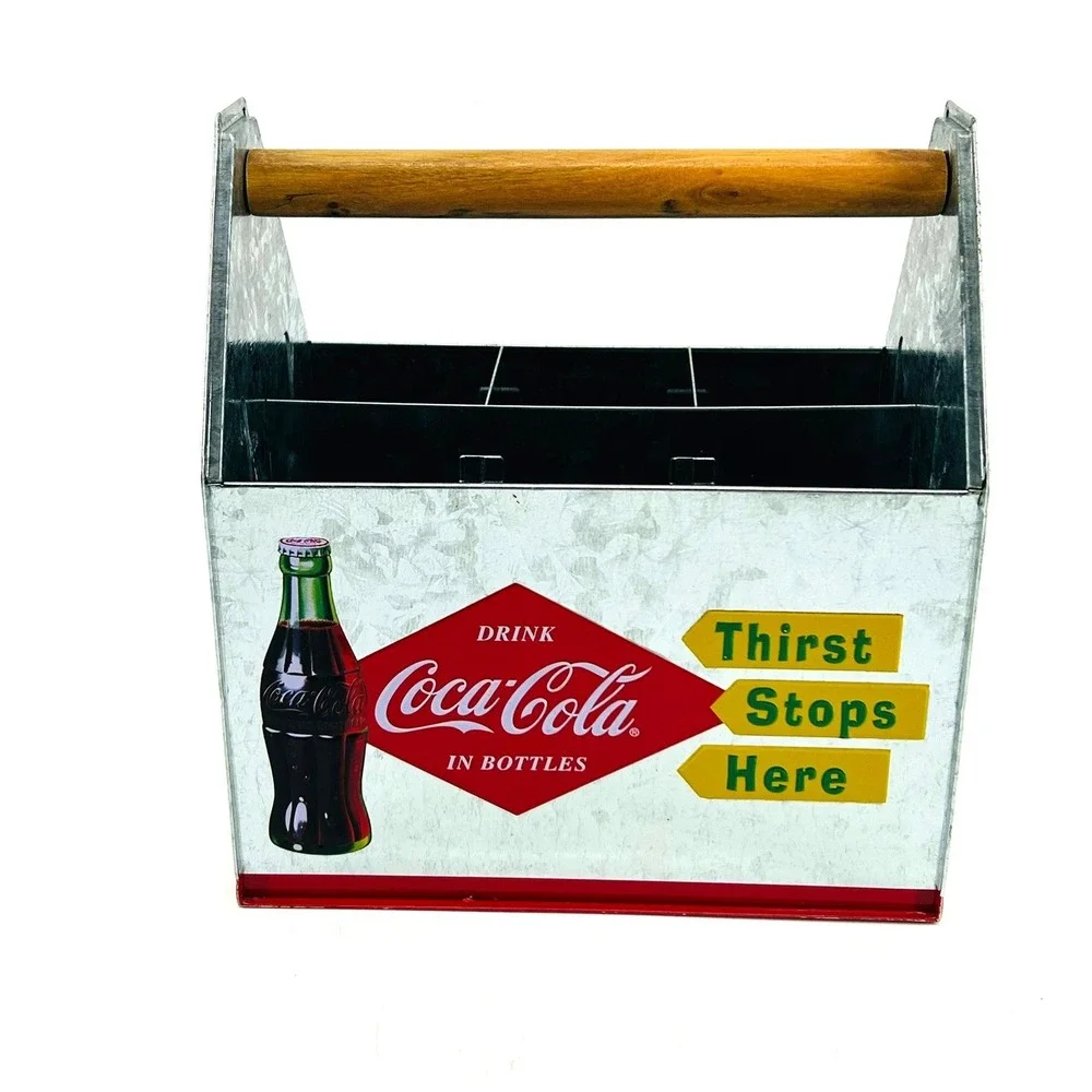 Coca Cola Galvanized Metal Tin Caddy Wooden Handle Thirst Stops Here Retro Decor